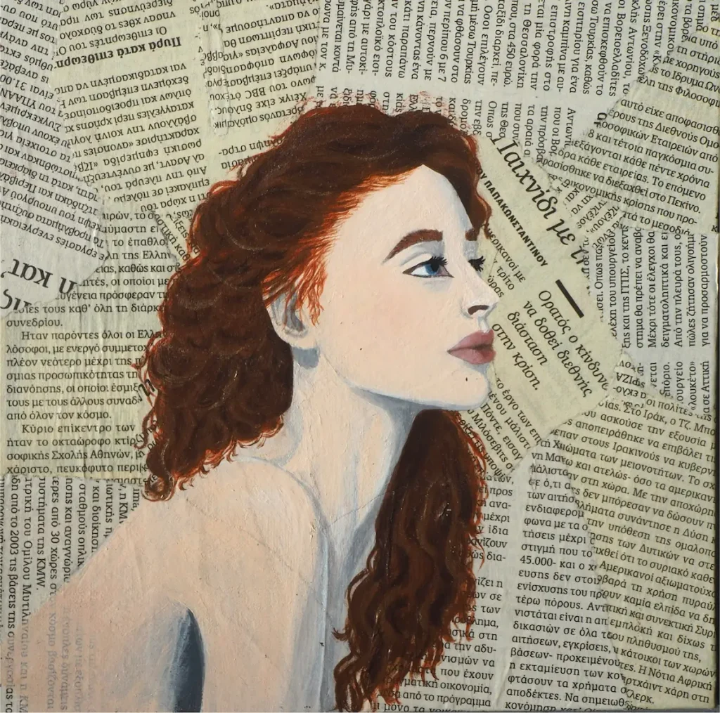 Portrait acrylique sur collage journal