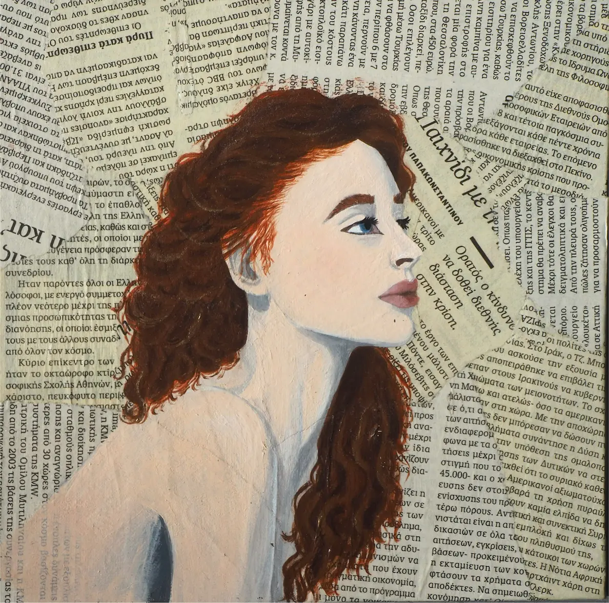 Portrait acrylique sur collage journal